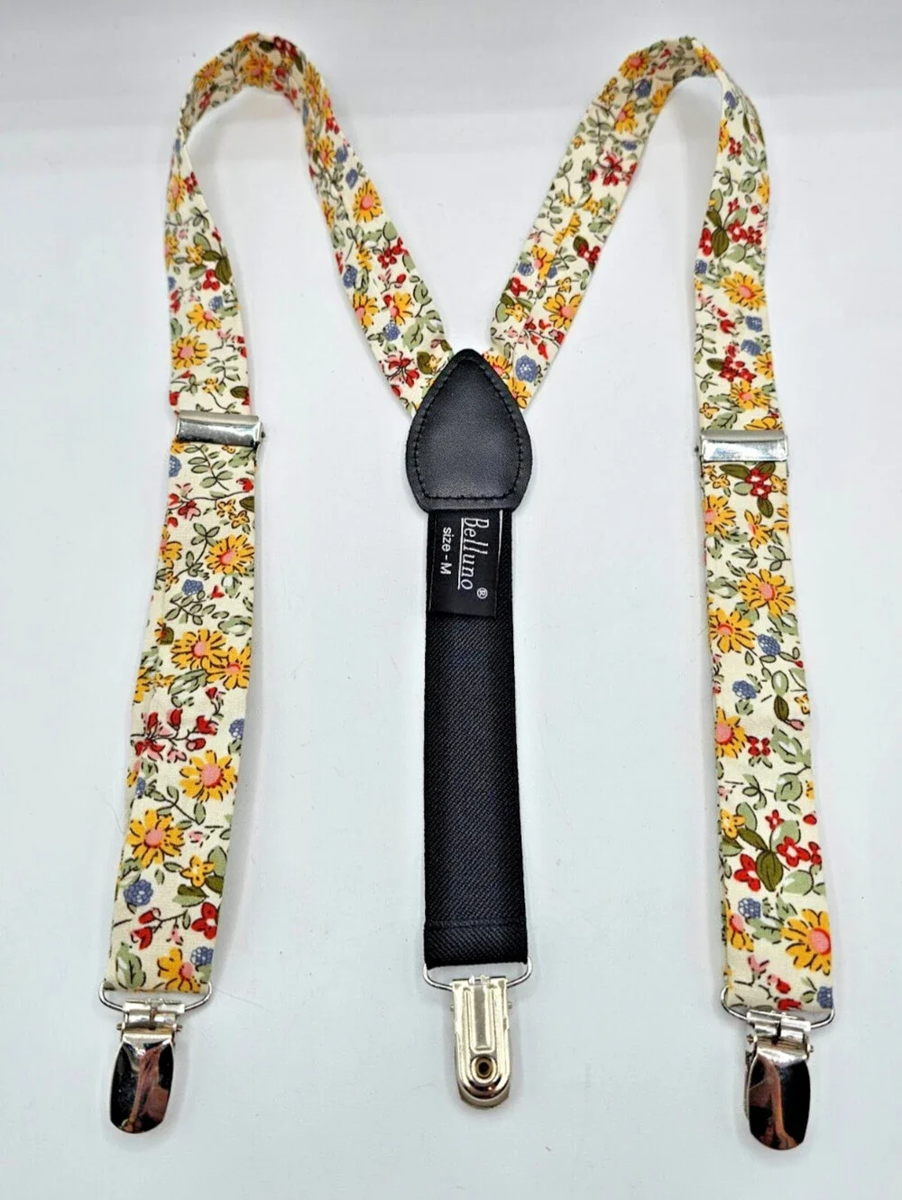 Belluno Kids Sz M Suspenders Cotton Linen Blend Floral Yellow Green